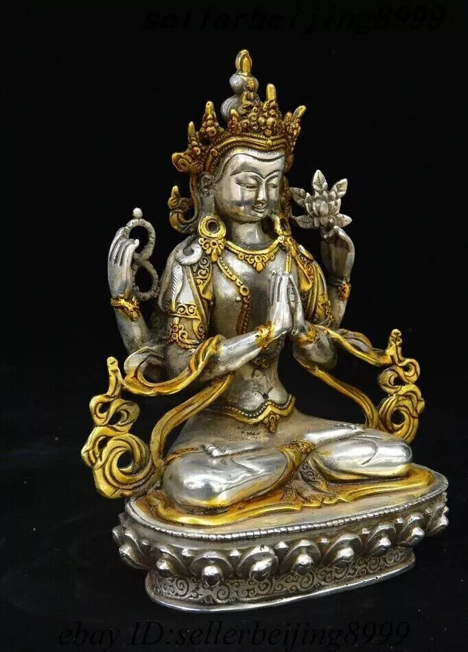 8″ Tibet Silver Gilt 4 Arms Chenrezig Goddess Buddhas Avalokiteshvara God Statue