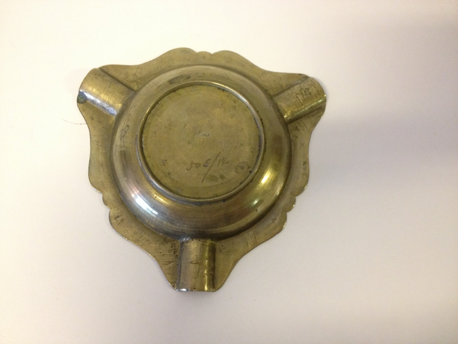 Vintage Antique Chinese Brass Ashtray w/ Enamel, Bats & Symbol Decoration