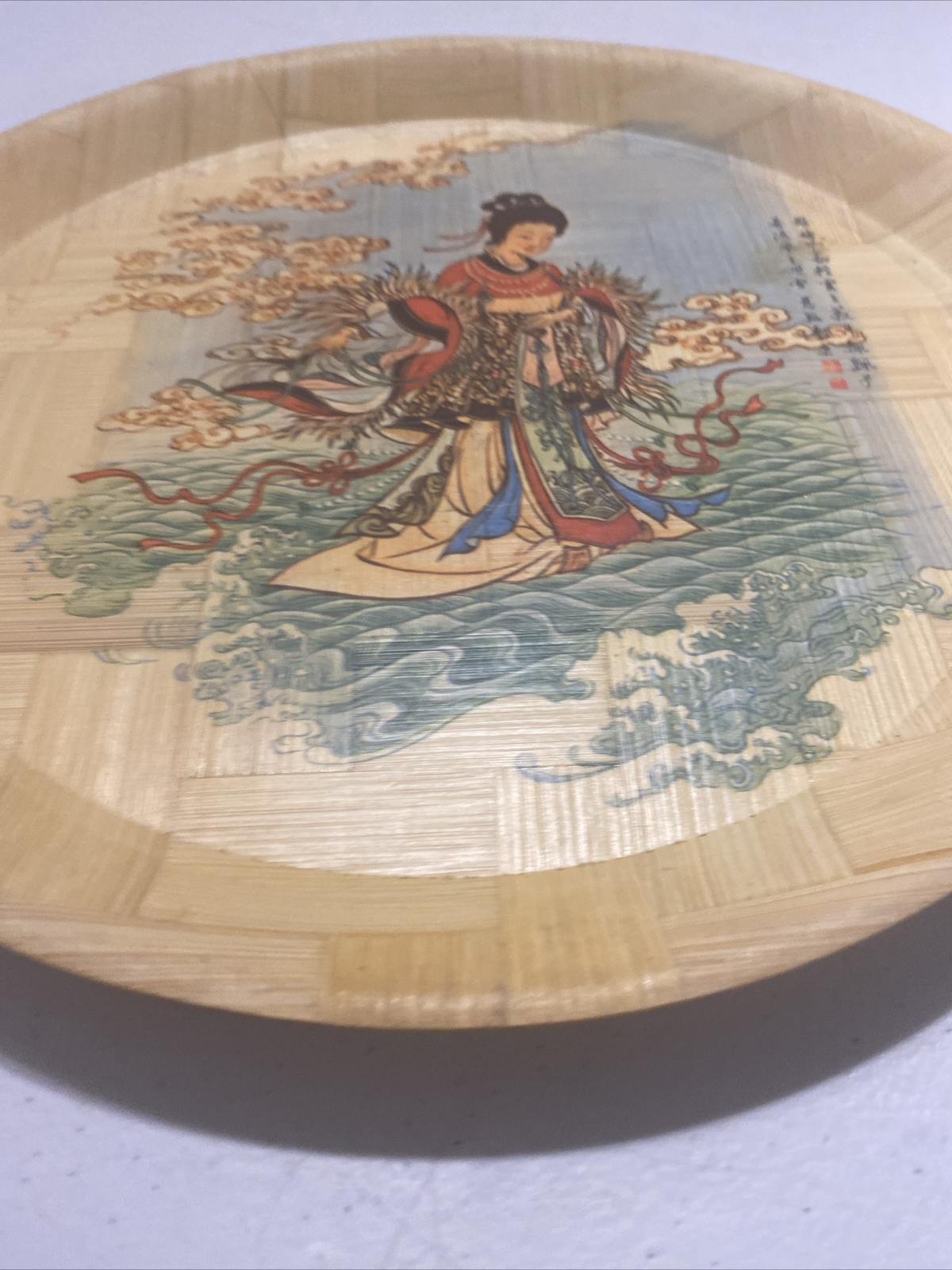 Vintage Decorative Hand Woven Painted Asian Bamboo Tray 13″ Im iR