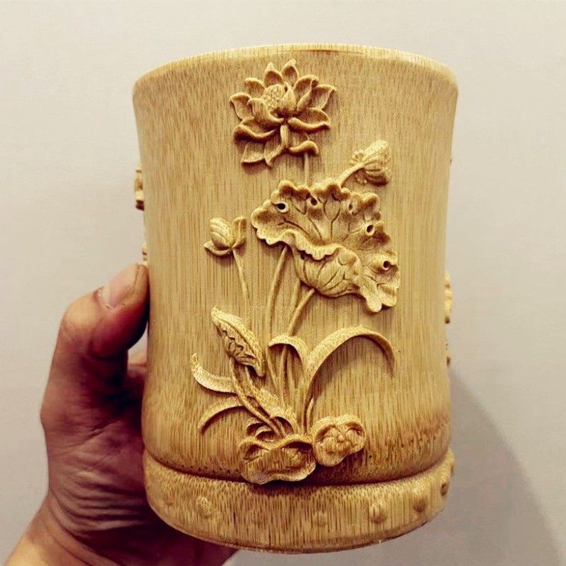 Bamboo Carved Lotus Pen Holder 4.72in Chinese Desk Decor