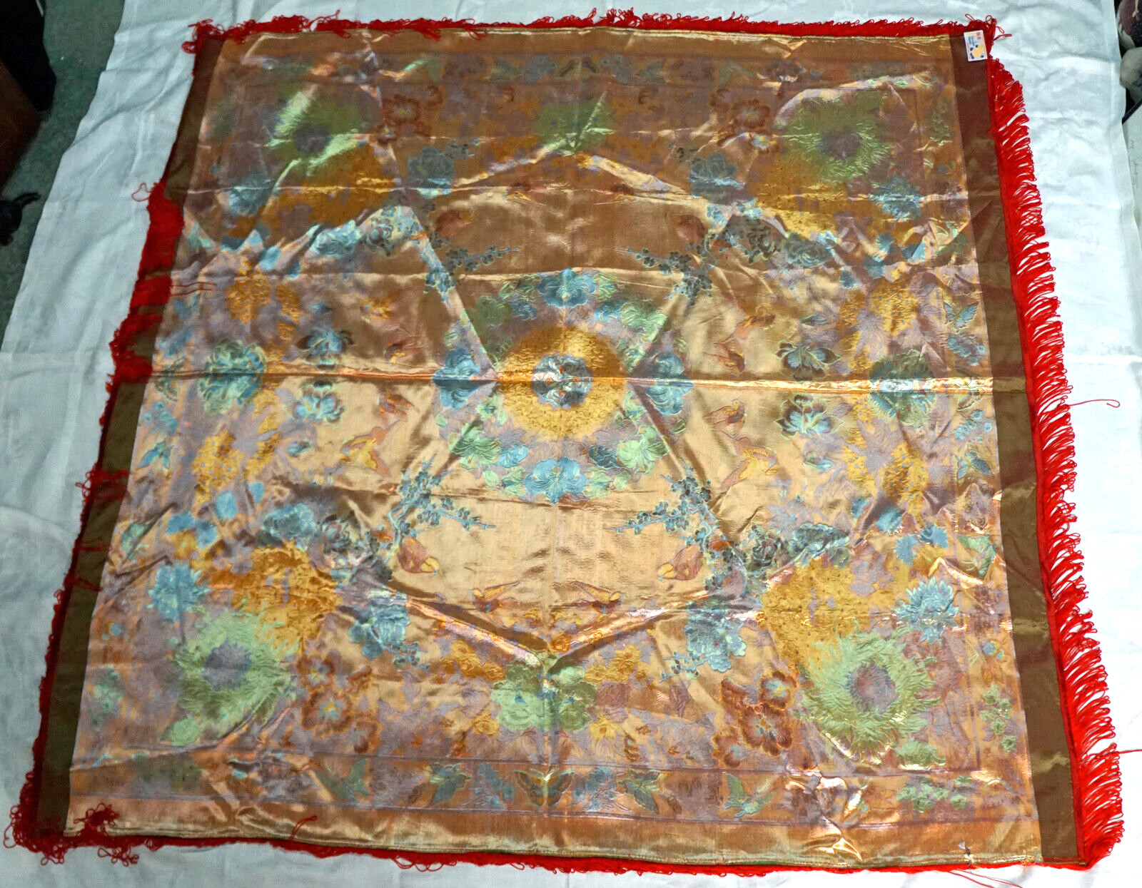 Vintage Silk Brocaded Flowers China Tapestry or Table Cloth Vivid Colors