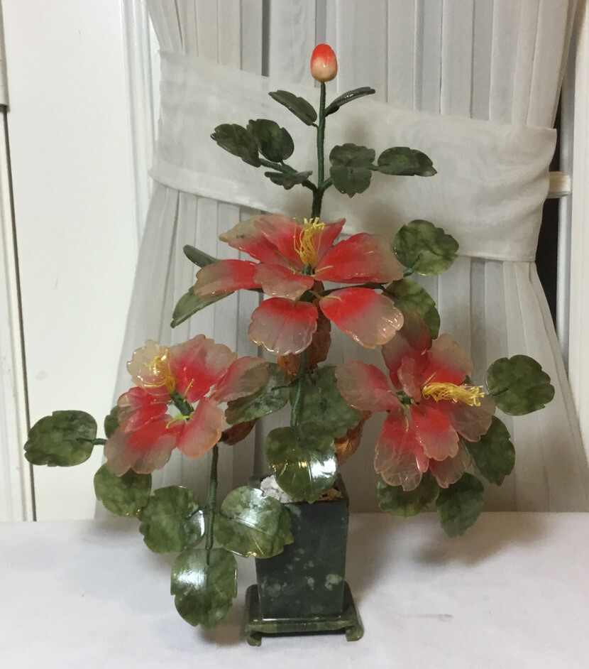 Vintage Chinese Hand Carved Jade Pink Flowering Bonsai Tree Plant14.5”H x 14”W
