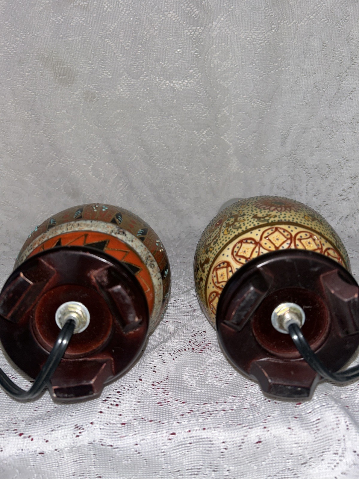 Vintage Chinese Cloisonné Ceramic Hand Painted Egg Lamps With Wood Stand