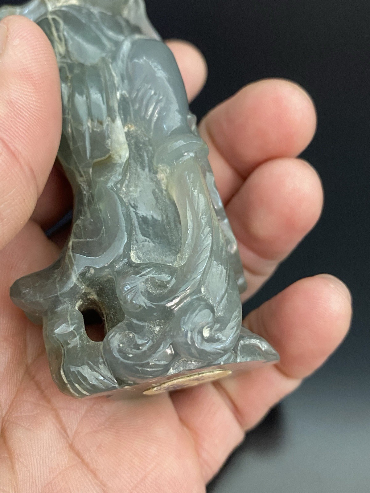 Antique Chinese Carved Quan Yin Icy Greyish Green Translucent Jade Figure Statue