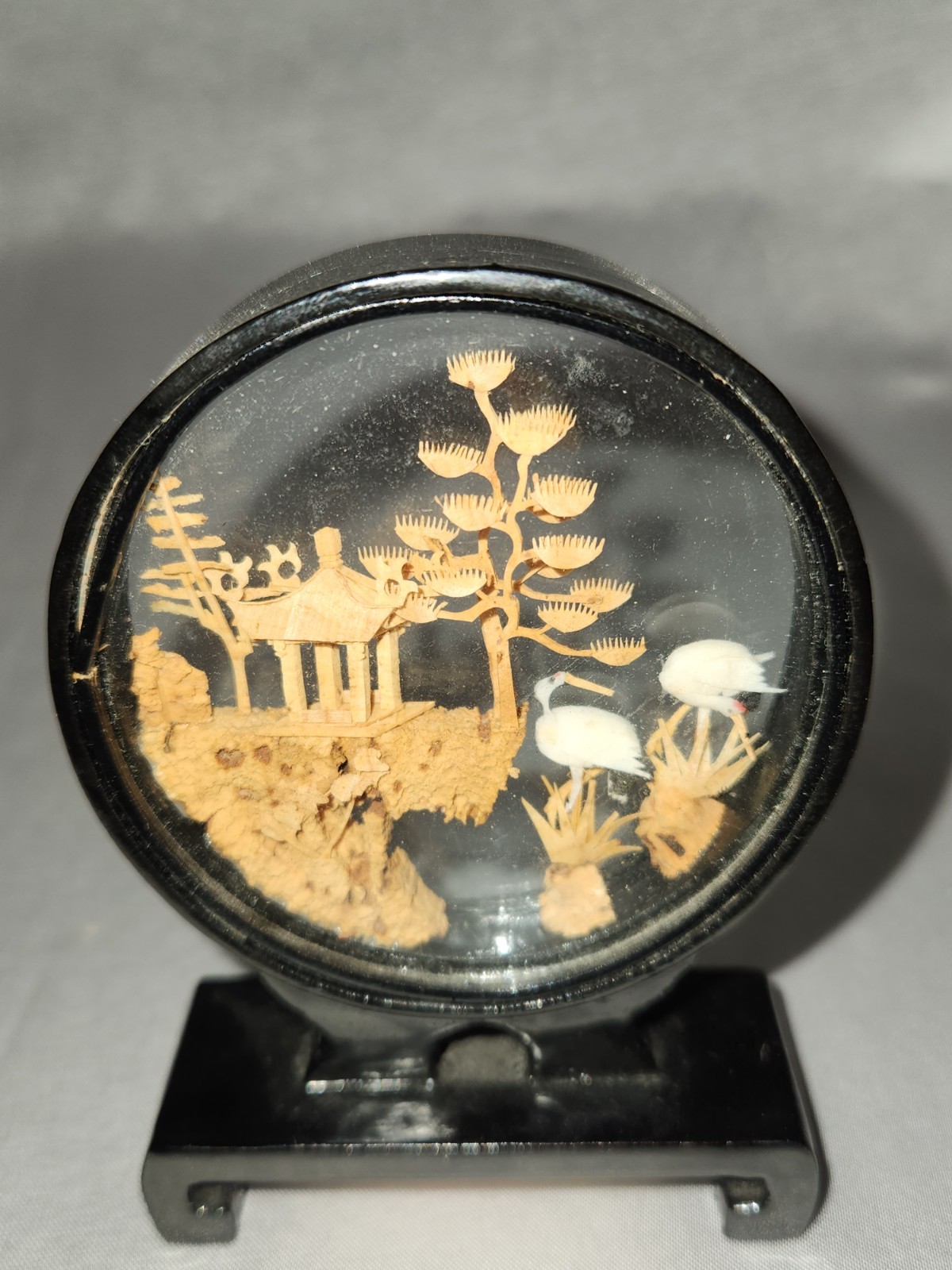 Vintage Chinese Cork Carving Art Diorama Pagoda Trees Cranes 3.75″ H