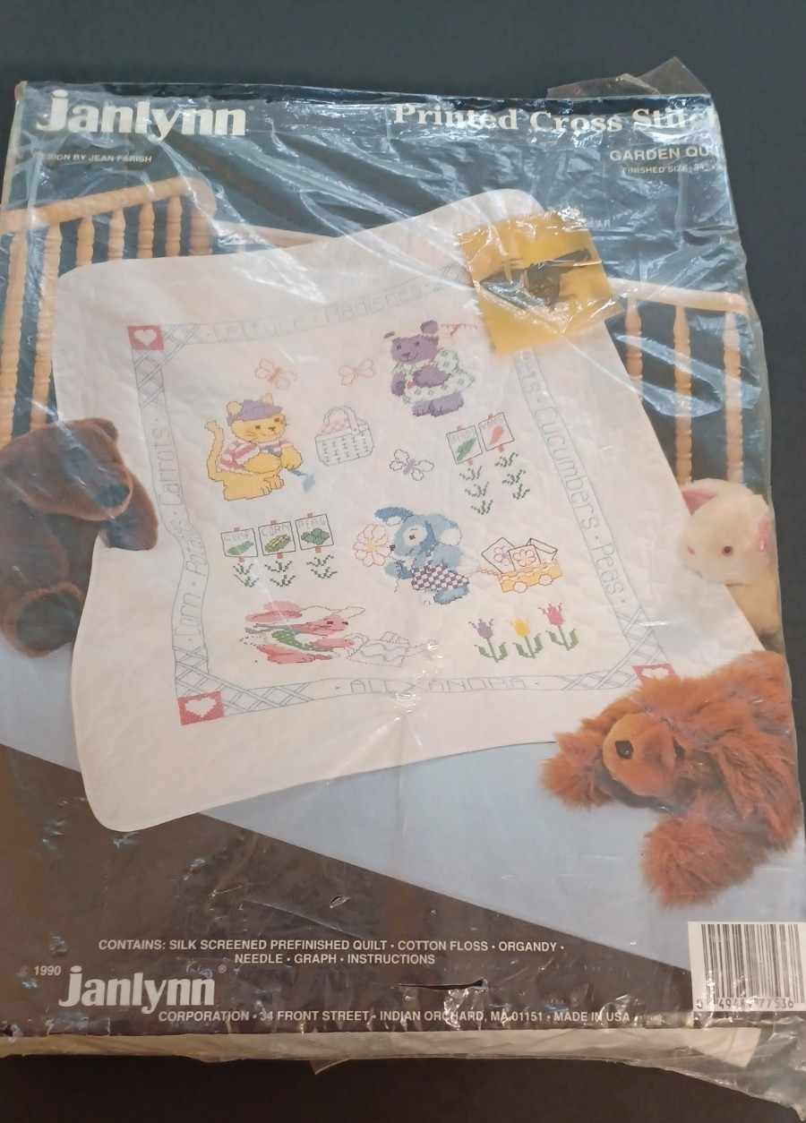 Janlynn Branded Printed Cross-stitch kit for a garden quilt. Vintage 1990