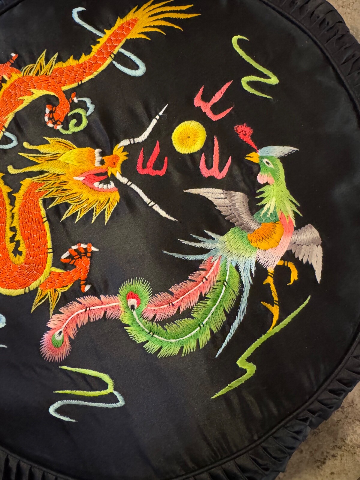 Golden Bee 1980s Vintage Chinese Silk Pillow Black with Chinese Dragons