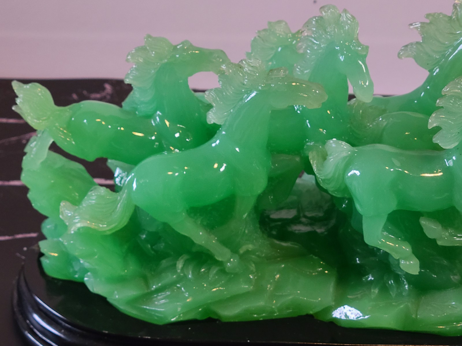 Chinese Eight Running Horses Sculpture on Wooden Stand (damaged), faux Jade