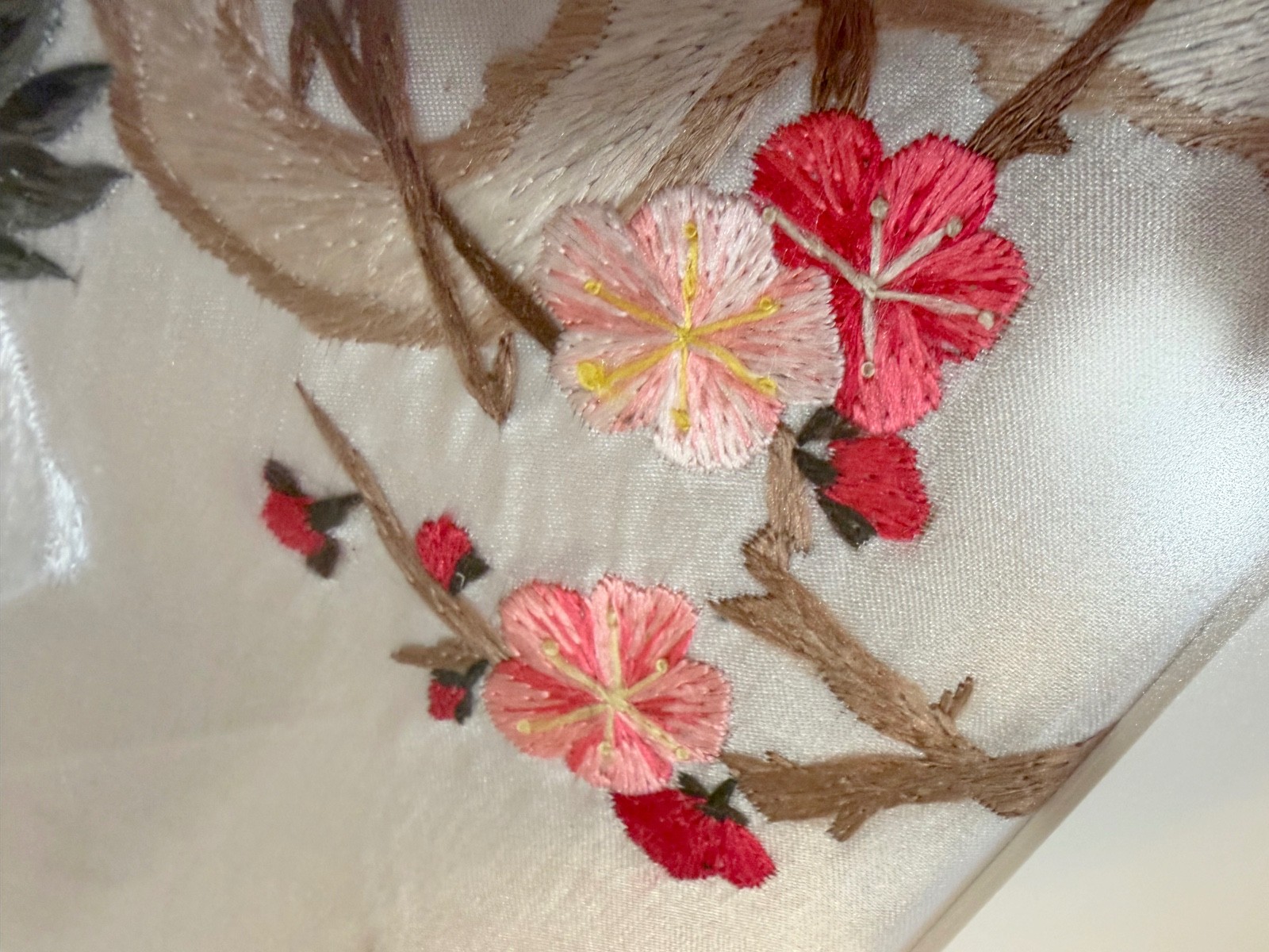Delicate Chinese Silk Art, Hand-Embroidered, Features Two Cranes, Gold Frame