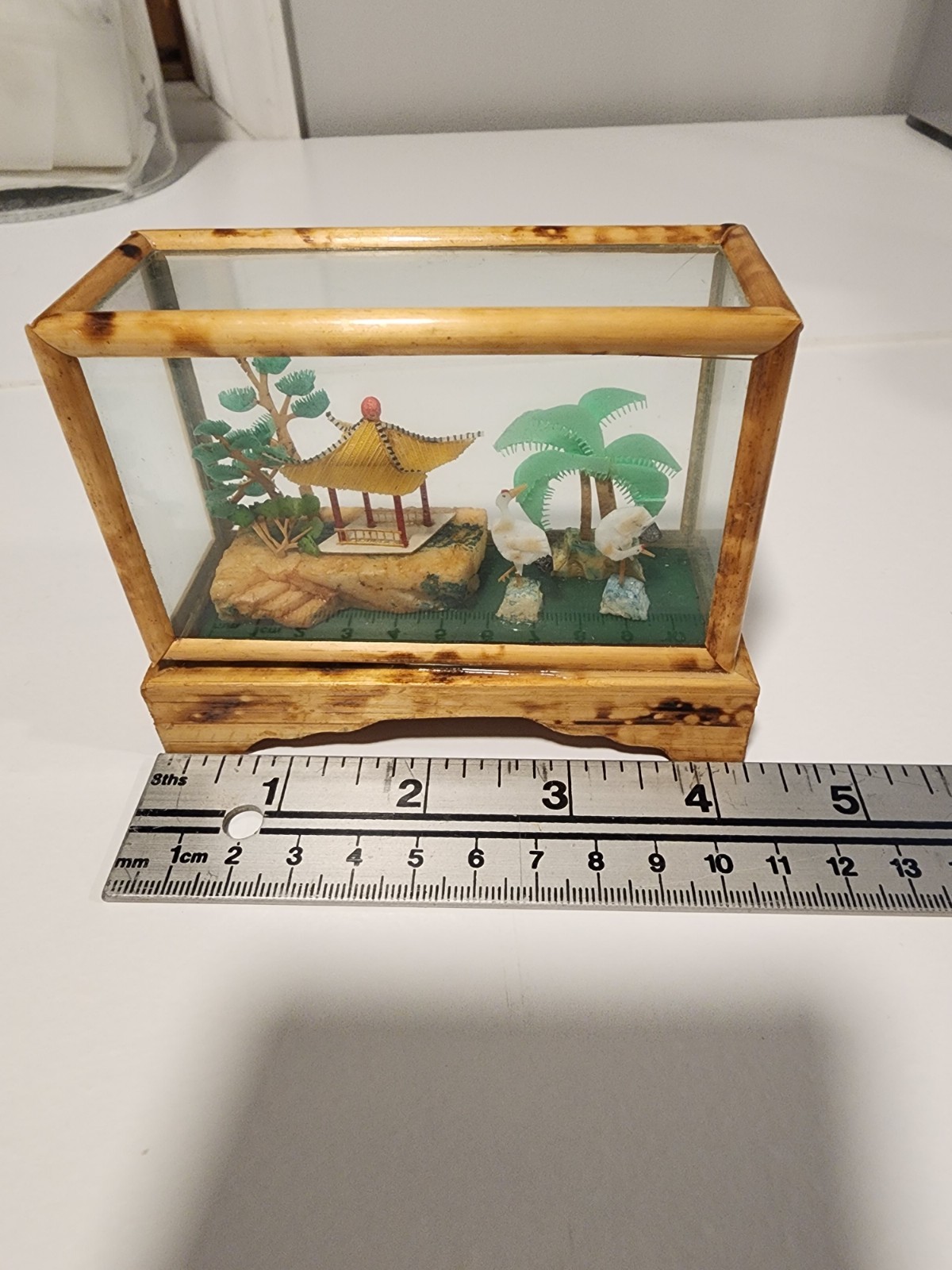 Vintage Oriental Asian Art Diorama 4”x3.5” Bamboo Glass Case Pagoda Trees Cranes