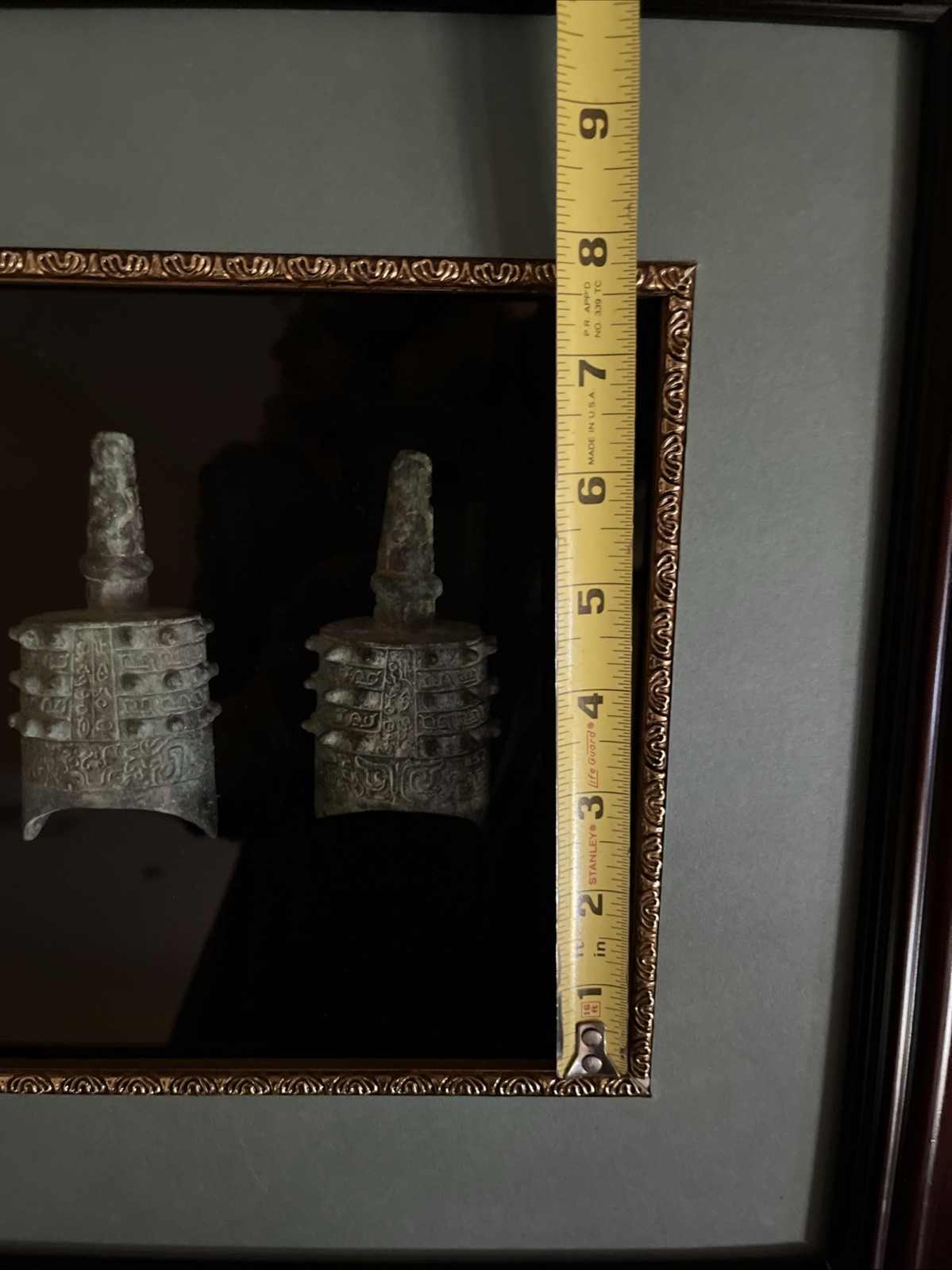 Chinese Framed Vintage Set Of 5 Antique Bronze Bianzhong Replica Meditation Bell