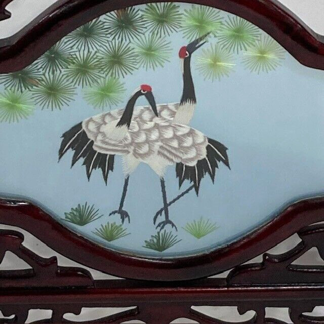 Chinese Oriental Asian 2 Sided Embroidered Cranes Screen Wooden Stand Holder