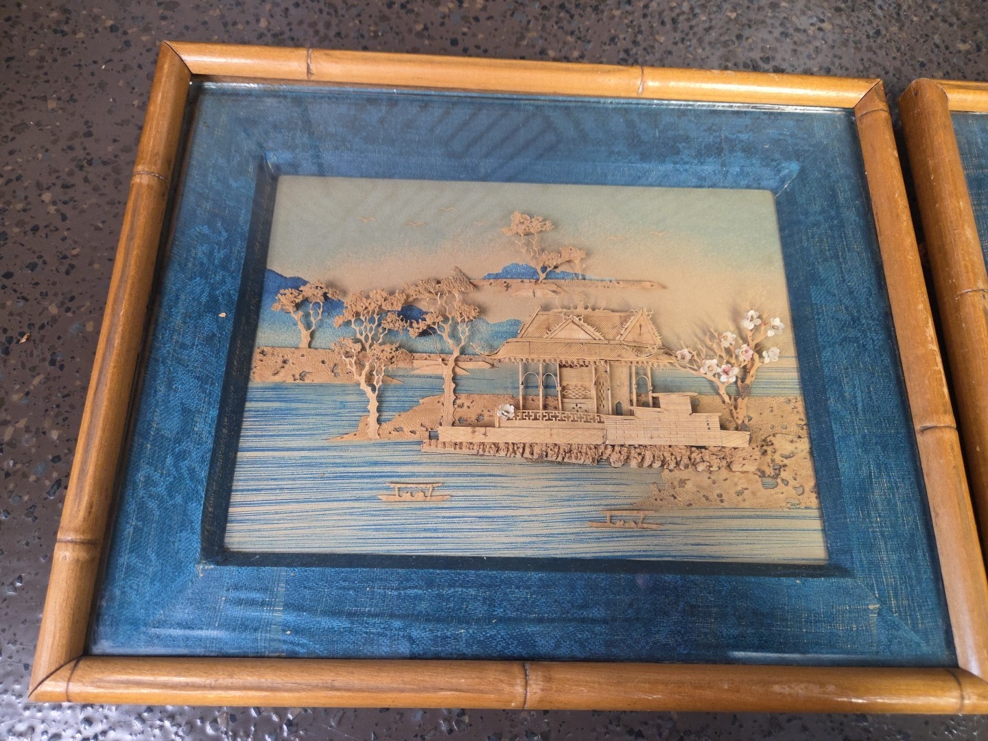 Set of 2 Vintage Asian Cork Art Diorama 3D Shadow Box Wall Art-see Photos