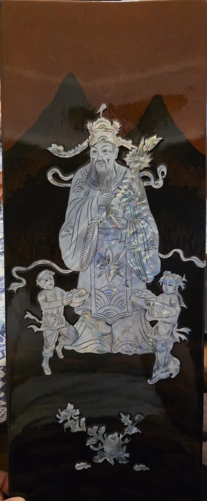 Chinese 4-Panel Black/Brown Lacquer Screen, Mother-of-Pearl Inlay Figures