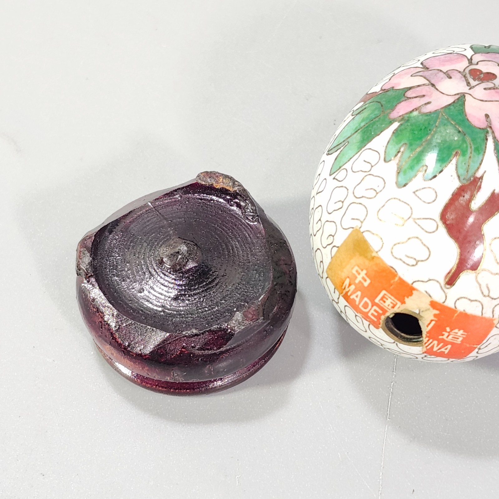 Asian Decor Chinese Cloisonne Egg on Stand 3” White with Cloud and Floral Art
