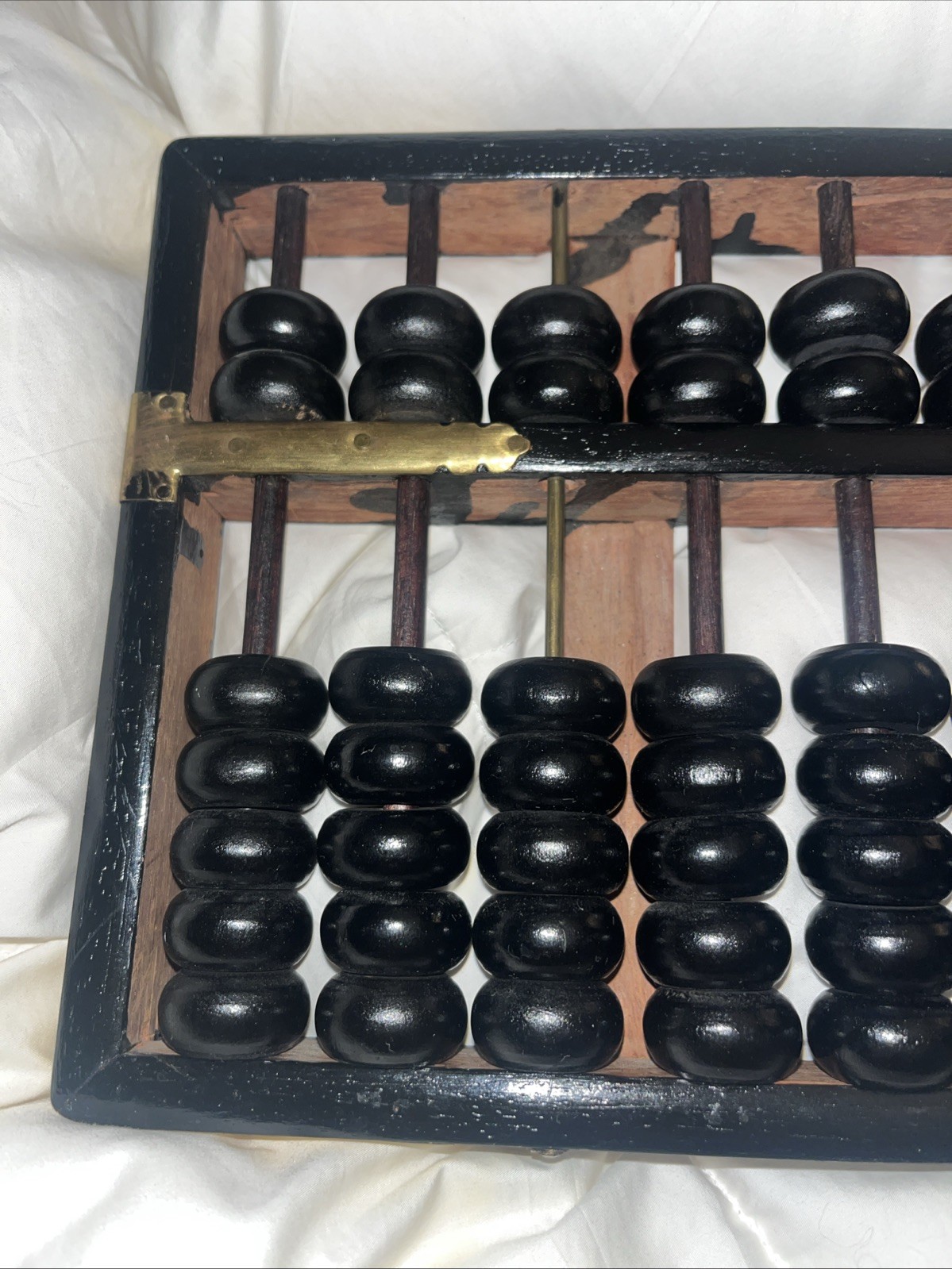 Vintage Abacus -11 RODS 77 BEADS Wood Black Painted Brass Accents Hong Kong