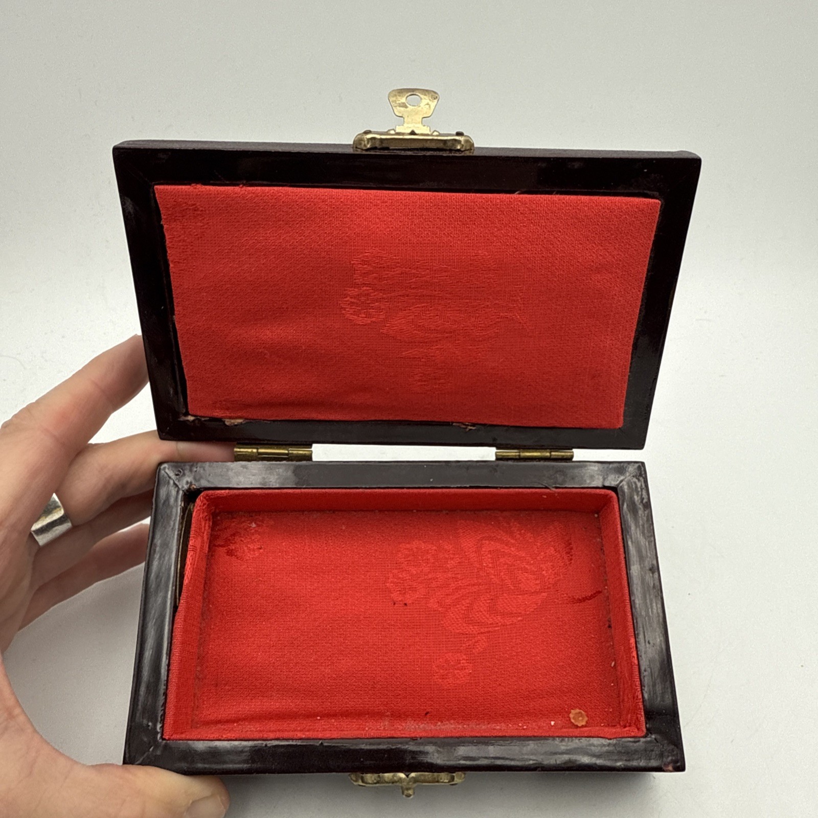 Asian Jewelry Wood Box Diorama Cork Art Pagoda Scene Brass