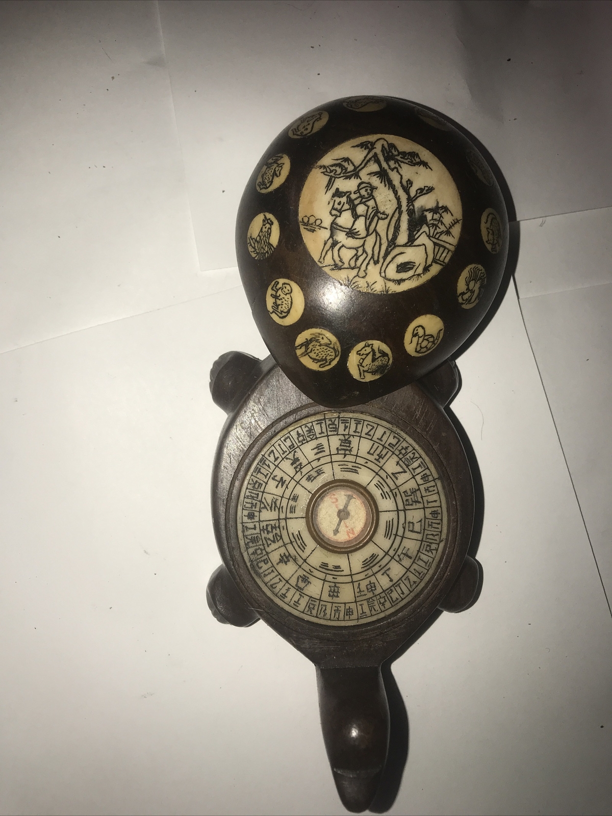 Vintage Carved Wood Turtle with Inlaid Chinese Zodiac Signs Opens to Compass 182