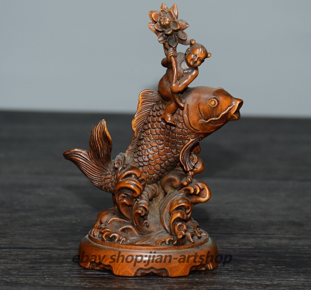 4.5″ Collect Chinese Box-wood Carving Boy Ride Goldfish Statue
