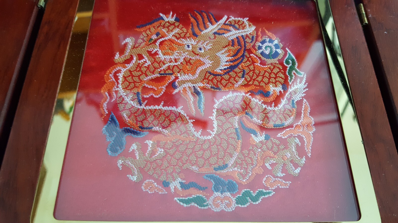 Brocade Dragon Silk Art Frame Chinese boxed 14″ x 7″ open