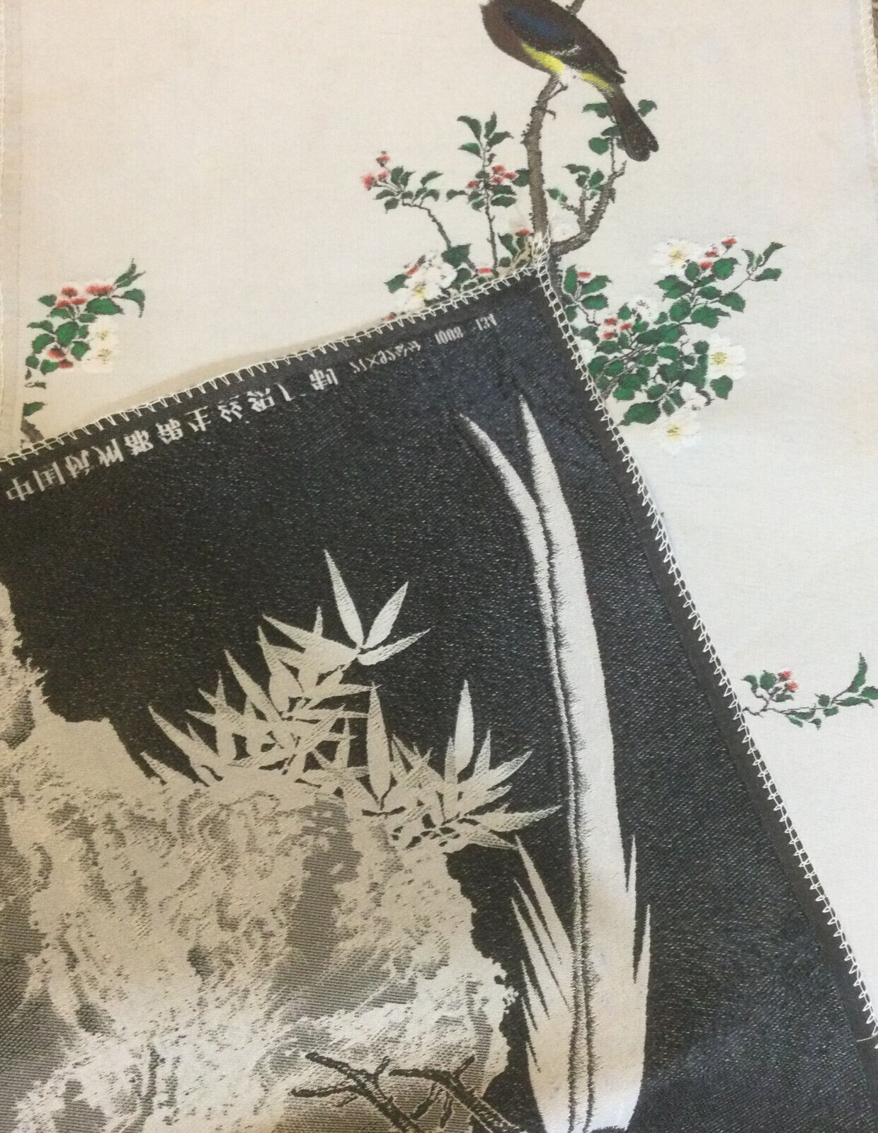 Vintage Art Print on Fabric Wall Hanging Asian Chinese Birds Flowers 37″ x 11″