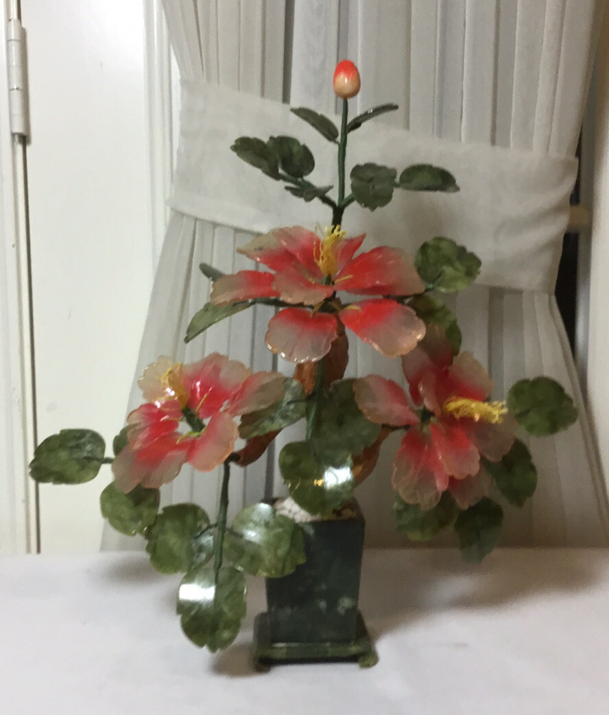 Vintage Chinese Hand Carved Jade Pink Flowering Bonsai Tree Plant14.5”H x 14”W