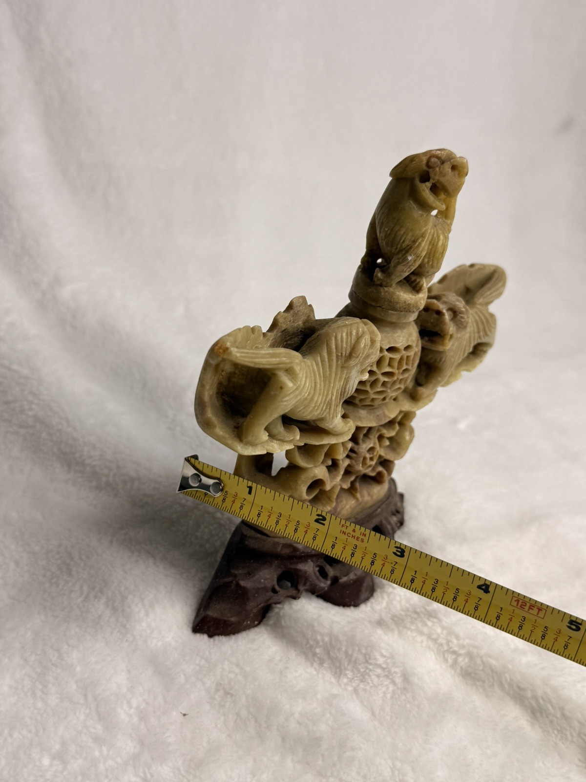 VINTAGE HAND CARVED SOAP STONE INCENSE BURNER FOO DOGS/LIONS CHINA 6 x 6