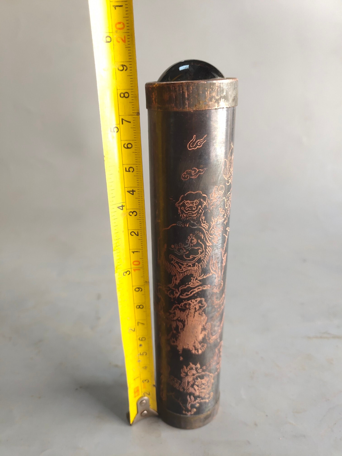 19cm old copper carved lion foo fu dog See Wonderful Scene optical kaleidoscope