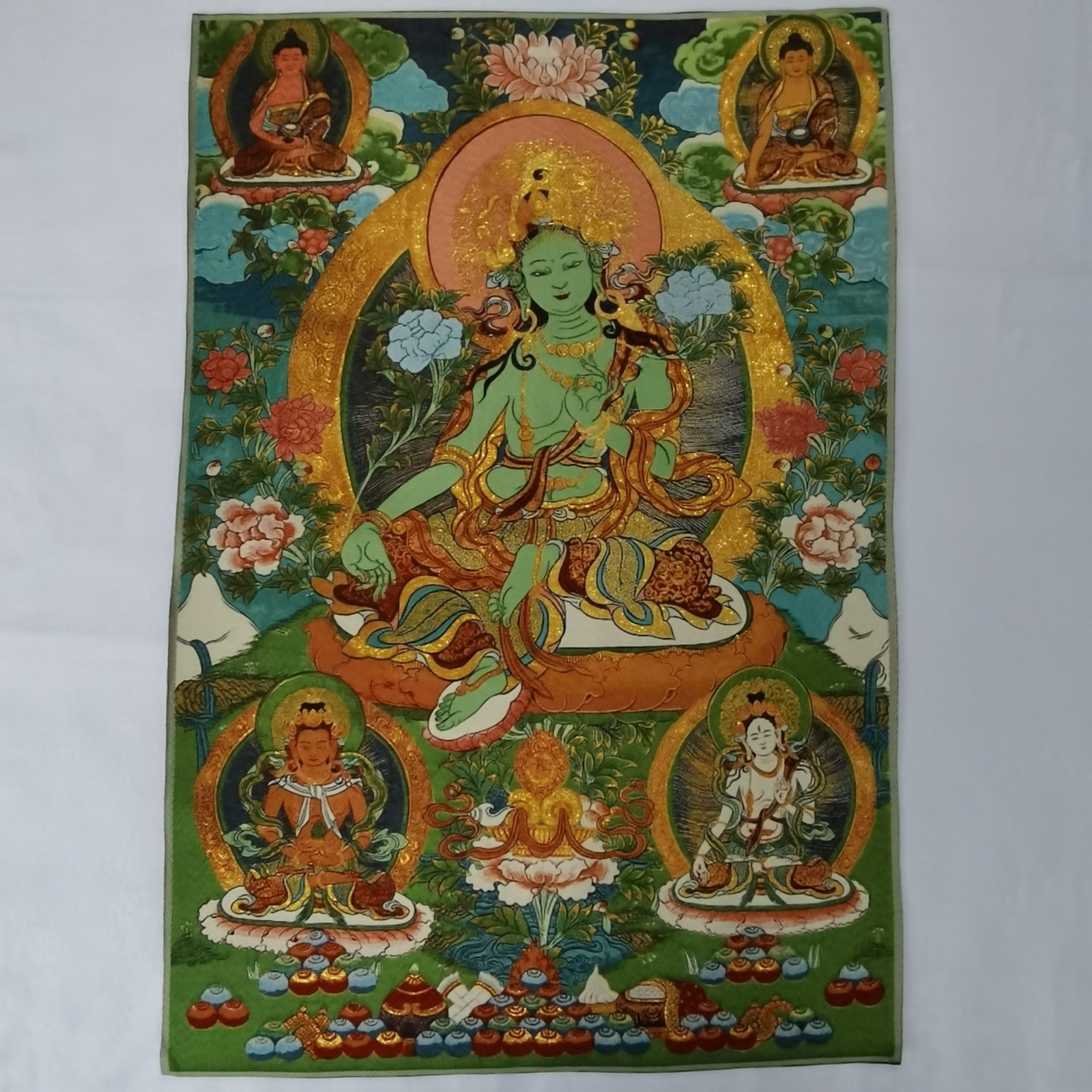 36″ Tibet Tibetan Cloth Silk Buddhism Green Tara Guanyin Tangka Thangka Mural 2
