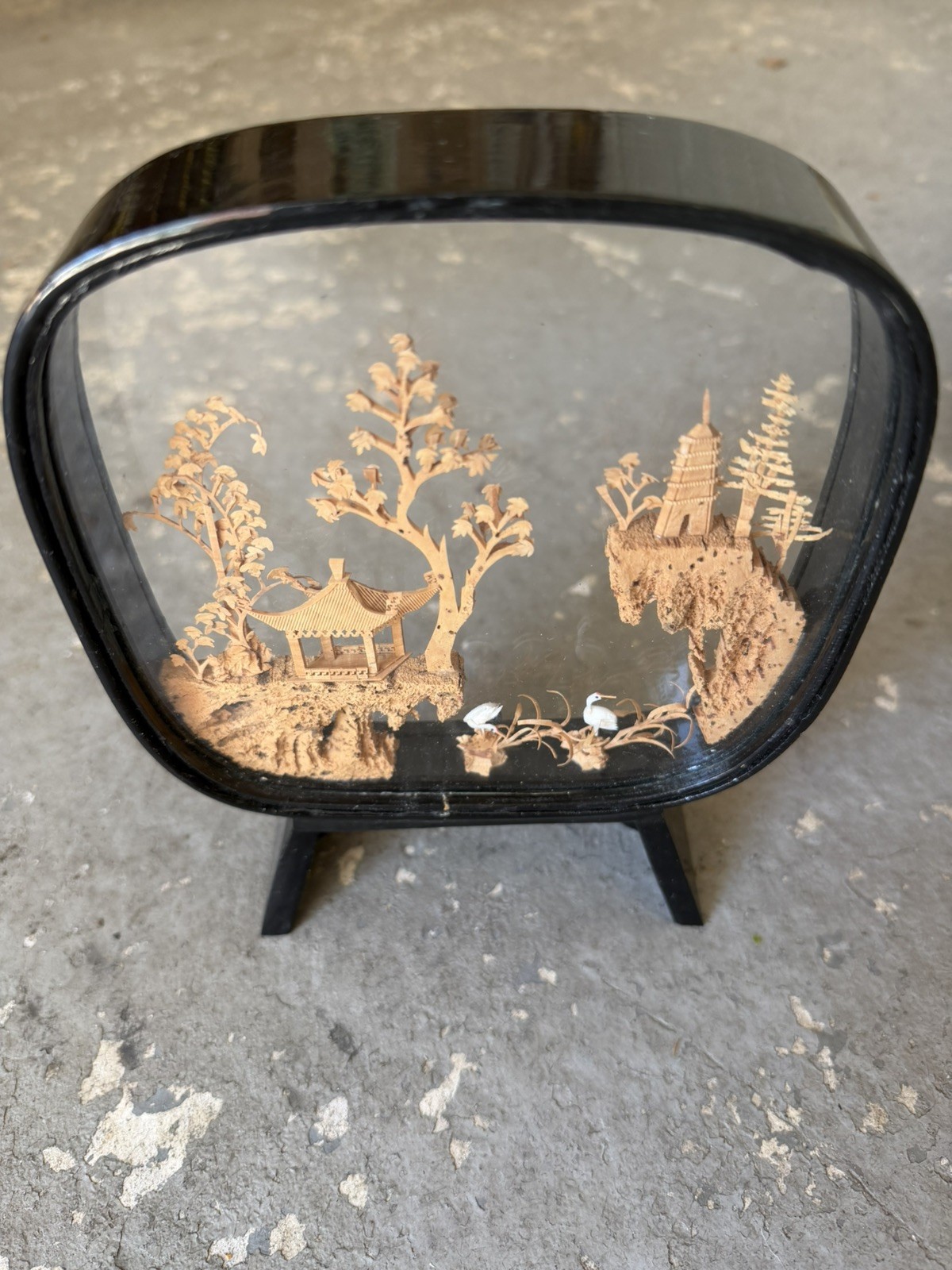 Vintage Chinese Carved Cork Diorama Art Black Lacquer Wood Glass Case Pagoda