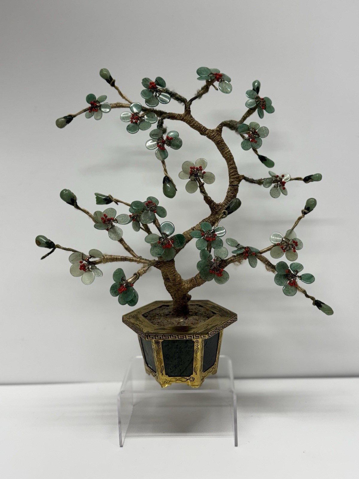 Vintage Chinese Jade Bonsai Tree With Spinach Jade Bowl 11” Tall
