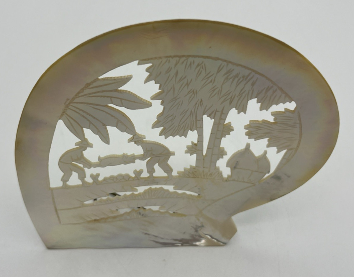 Carved Mother of Pearl Shell Asian Scene with Stand 6″ Tall