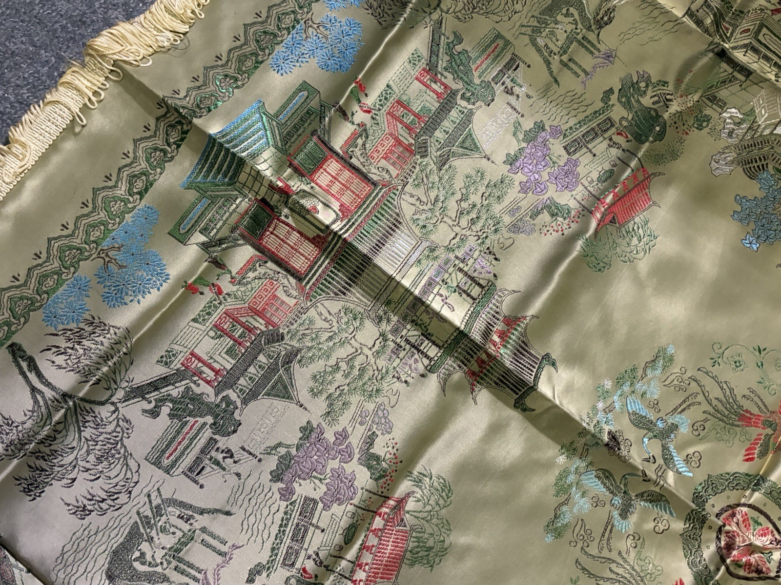 Vintage Chinese Brocaded Flowers Silk Piano Shawl Table Topper 38” Square