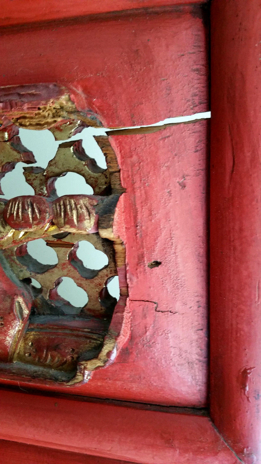 ANTIQUE CHINESE CARVED WOOD Wall Furniture PANEL Gold Red