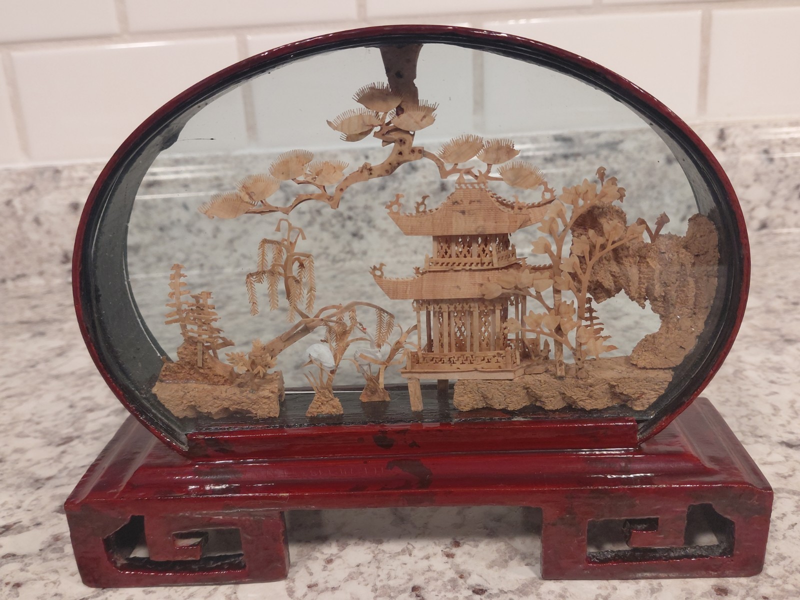 Vintage Oval Chinese Cork Art Diorama Shadow Box Pagoda Cranes Scene Glass Frame