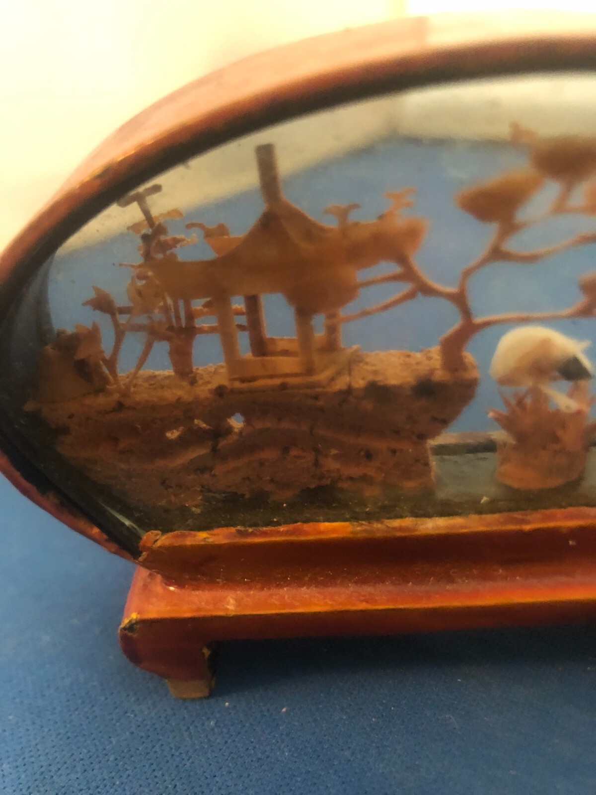 Vintage Chinese Cork Carving Diorama Oval Frame Cranes and Trees 2.75″ Tall