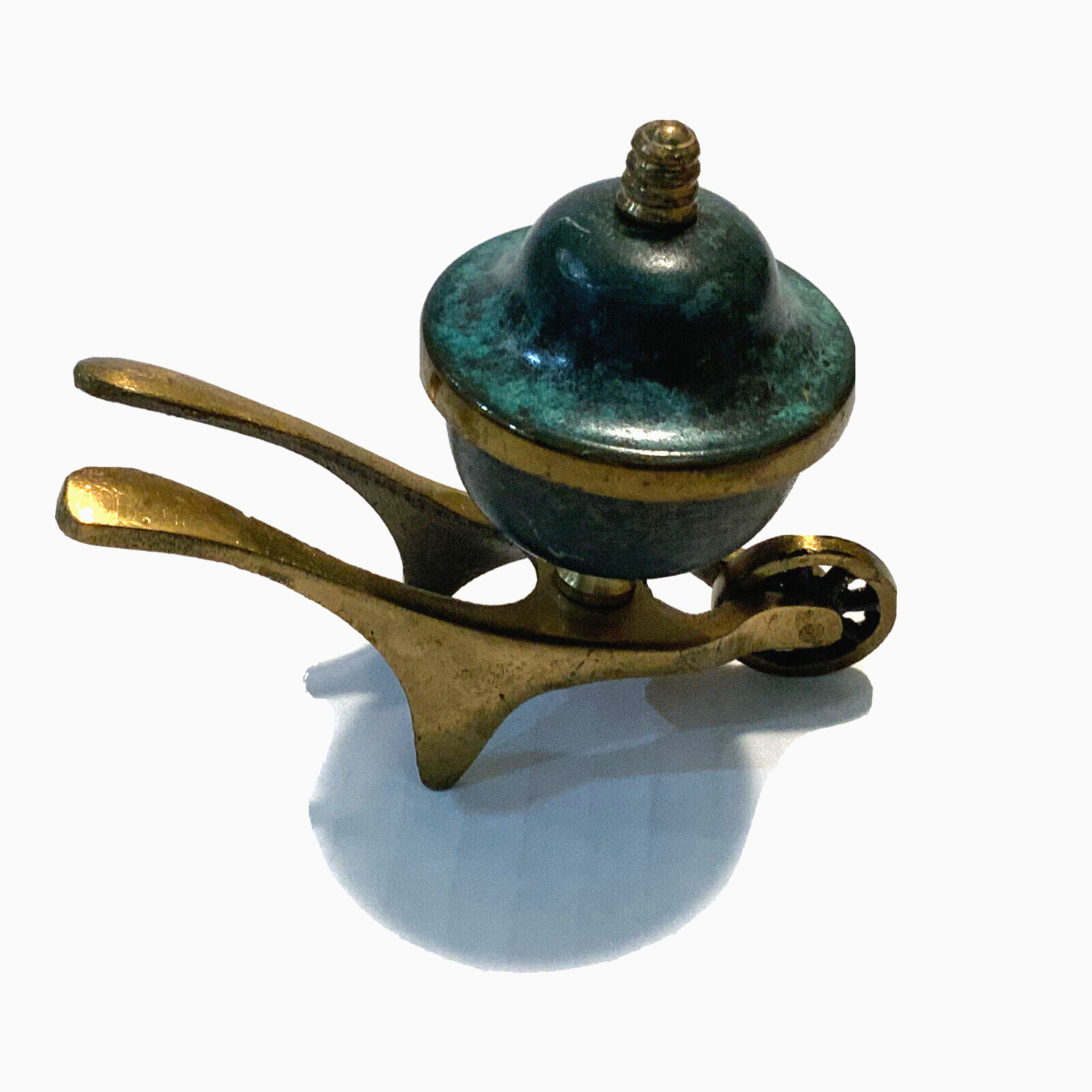 Brass Wheelbarrow Lidded Incense Burner Saccharin Holder Green Marbled 3.25″ tal