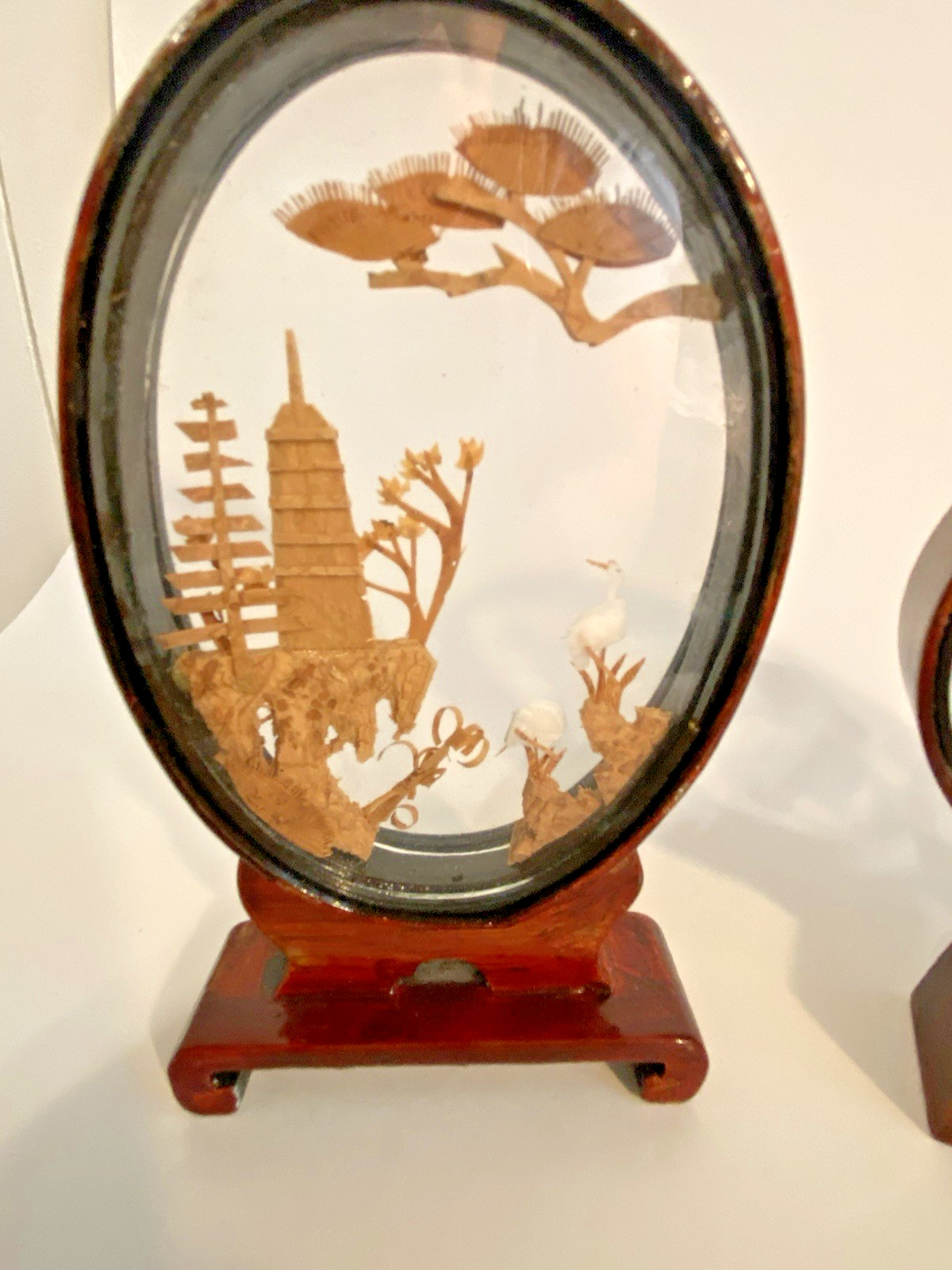 VINTAGE CHINESE DIORAMA CORK CARVING GLASS CASE PAGODA TREES & CRANES.