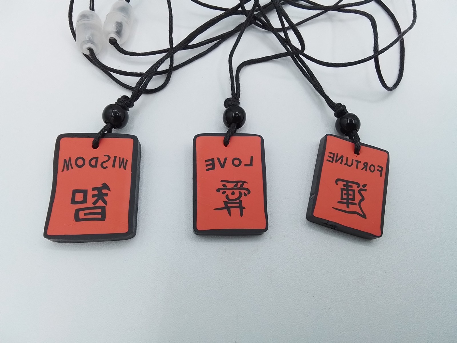 3 ASAIN CHINESE TILE 26″ NECKLACES LOVE WISDOM FORTUNE MYTHOLOGY PHILOSOPHY VTG
