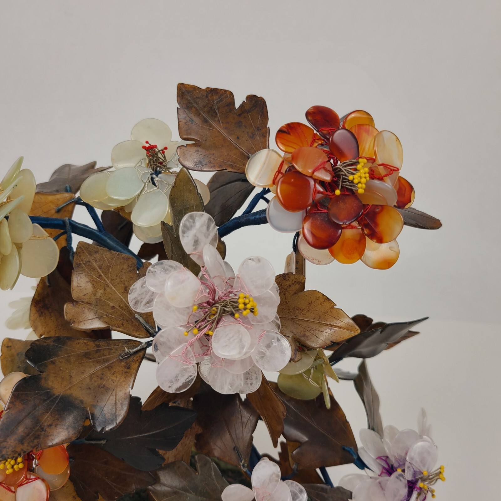 Vtg MCM Carved Agate Jade Quartz Bonsai Tree Flower Blossom Plant 11″ Tall Asian