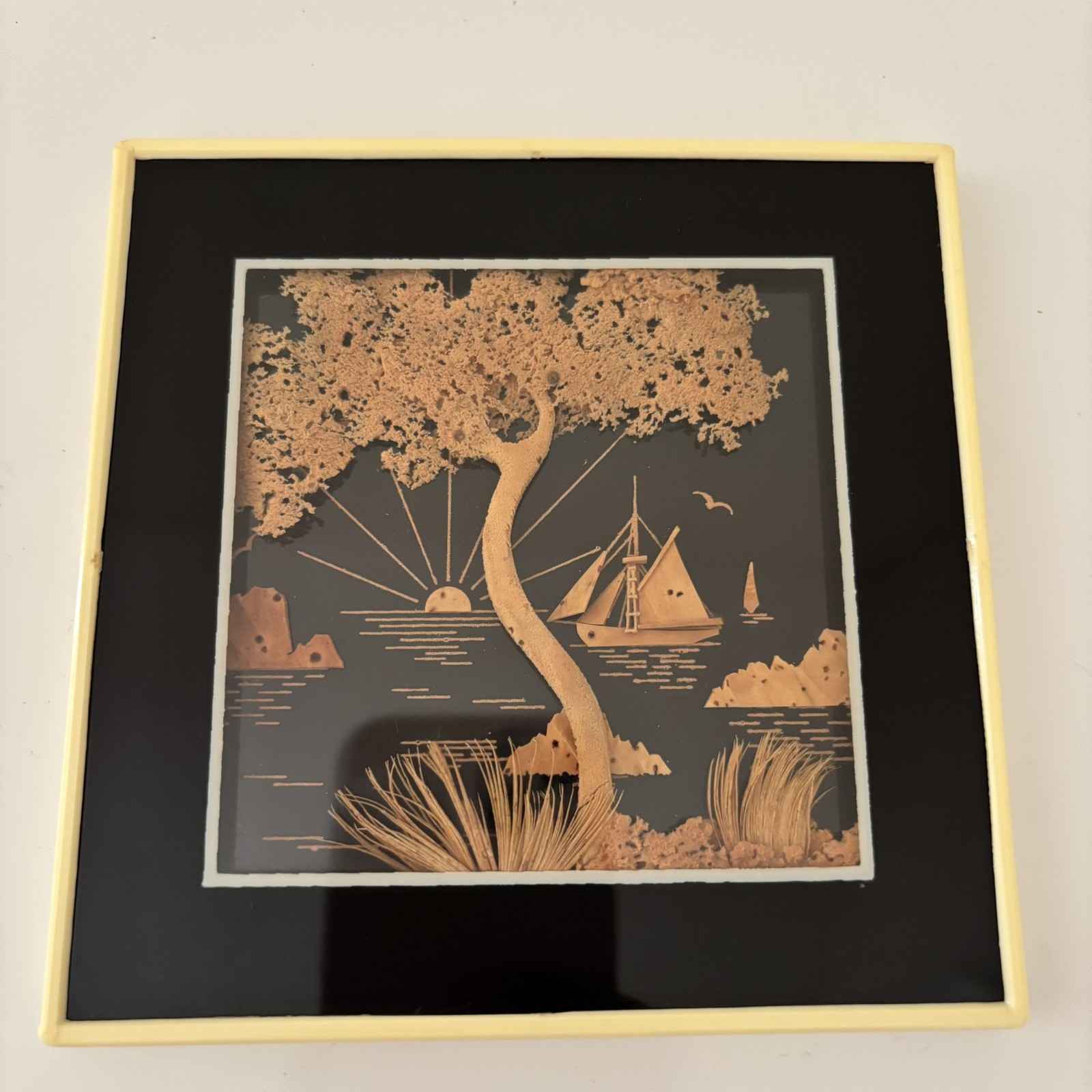 MCM Vintage Asian Diorama Cork Art Tree Boat Sunset 3D Framed 5 x 5″
