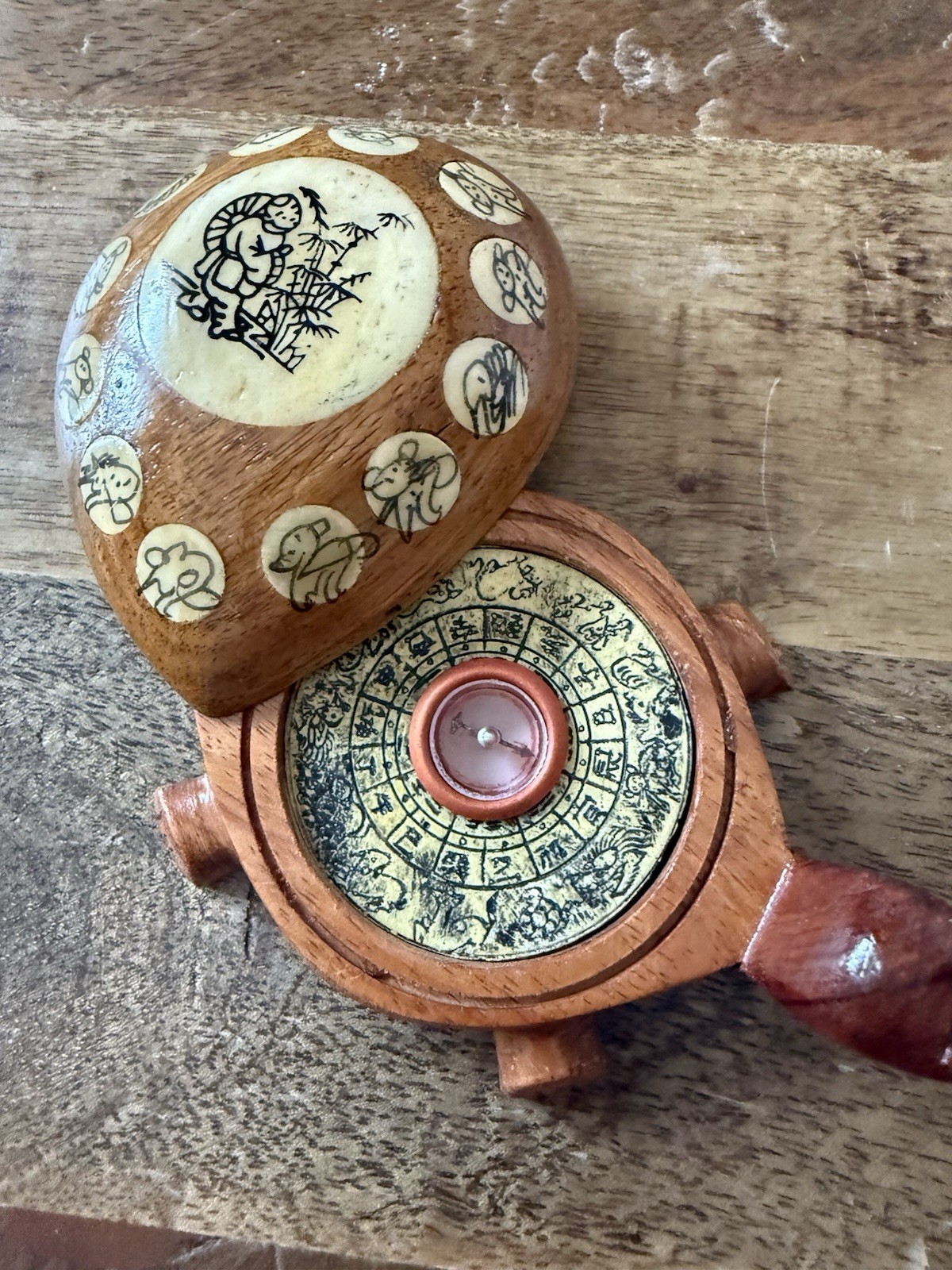 Vtg Asian Carved Wooden Turtle, Opens with Compass and Zodiac Signs