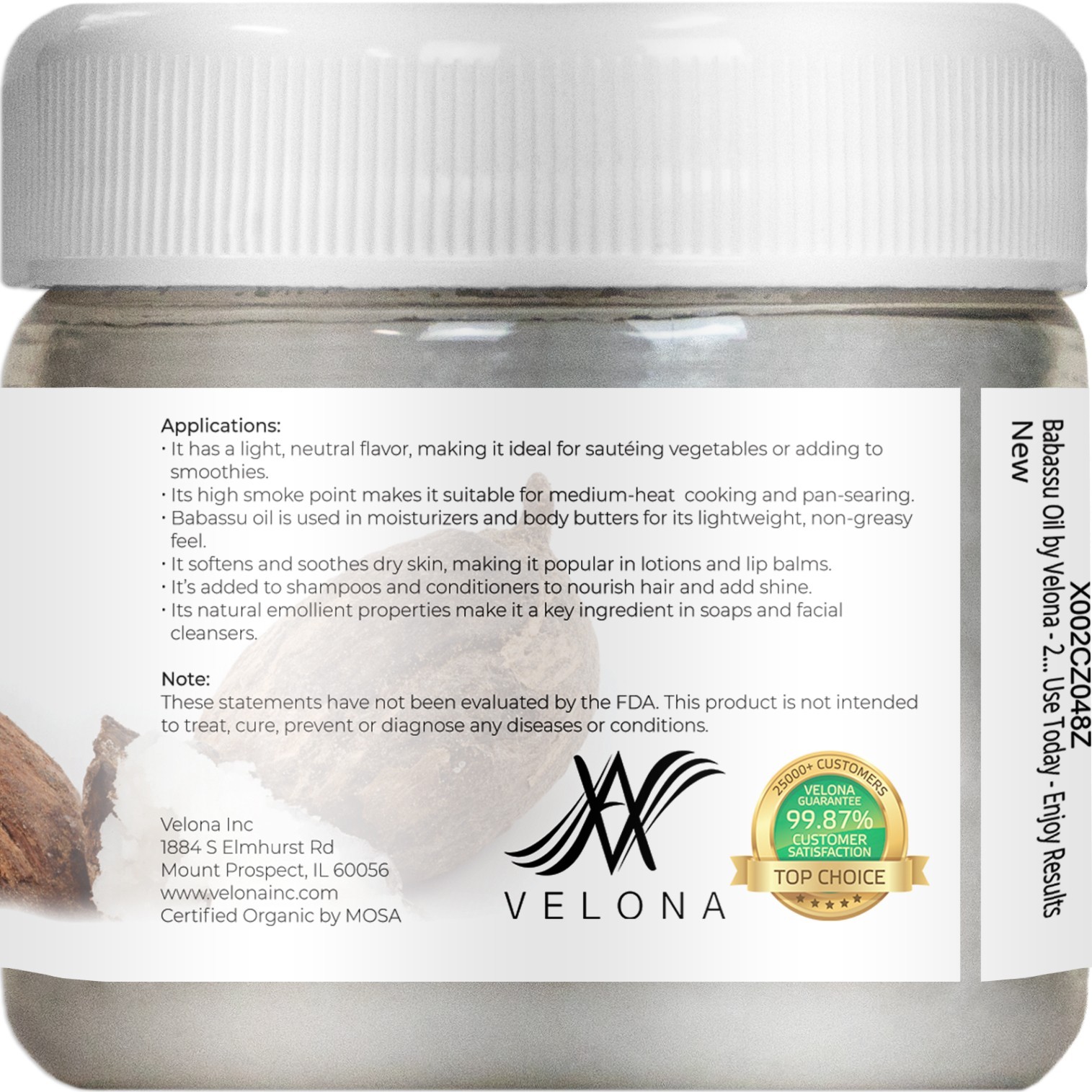 Velona Babassu Oil USDA Certified Organic 2 Fl Oz Food, Cosmetic Grade