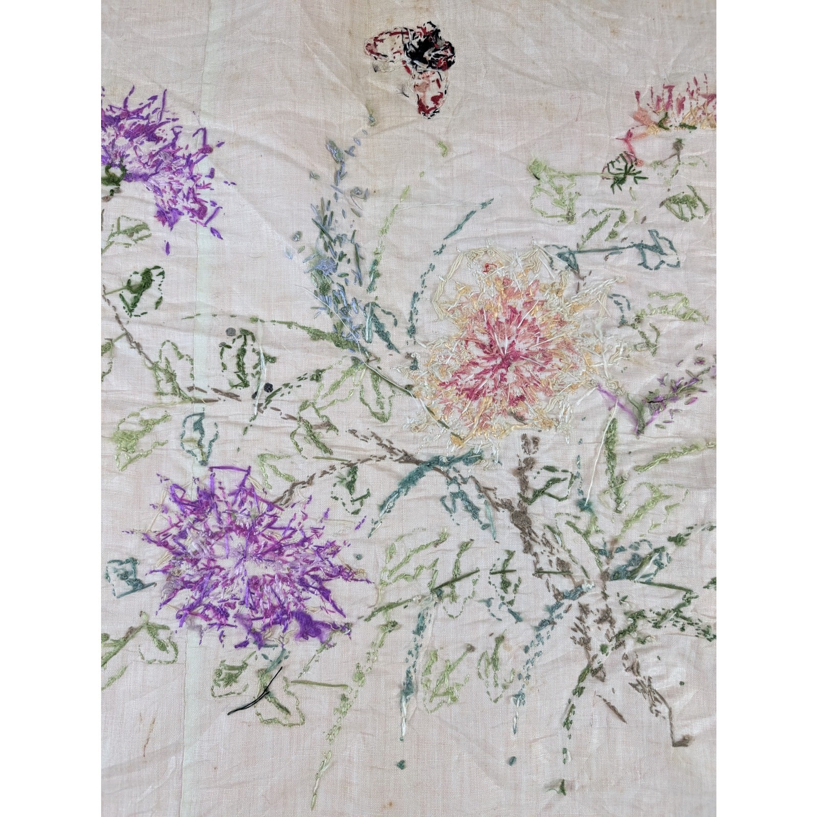 Vintage Chinese Hand Embroidered Floral & Butterfly Silk Textile 23x18in