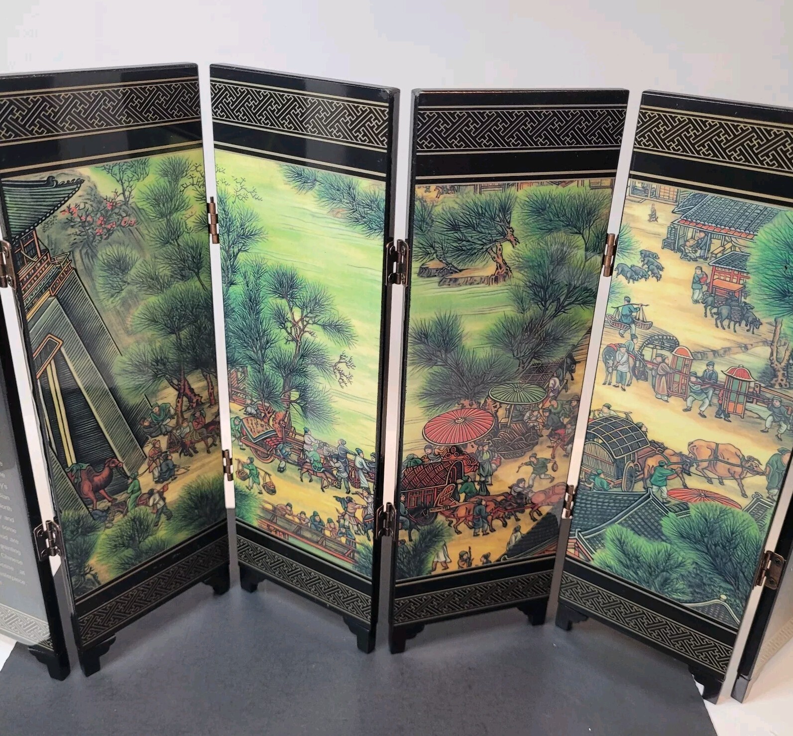 Asian Tabletop Folding Screen 4 Panels 2 Sided Festival Scene Acrylic 9.5×18″