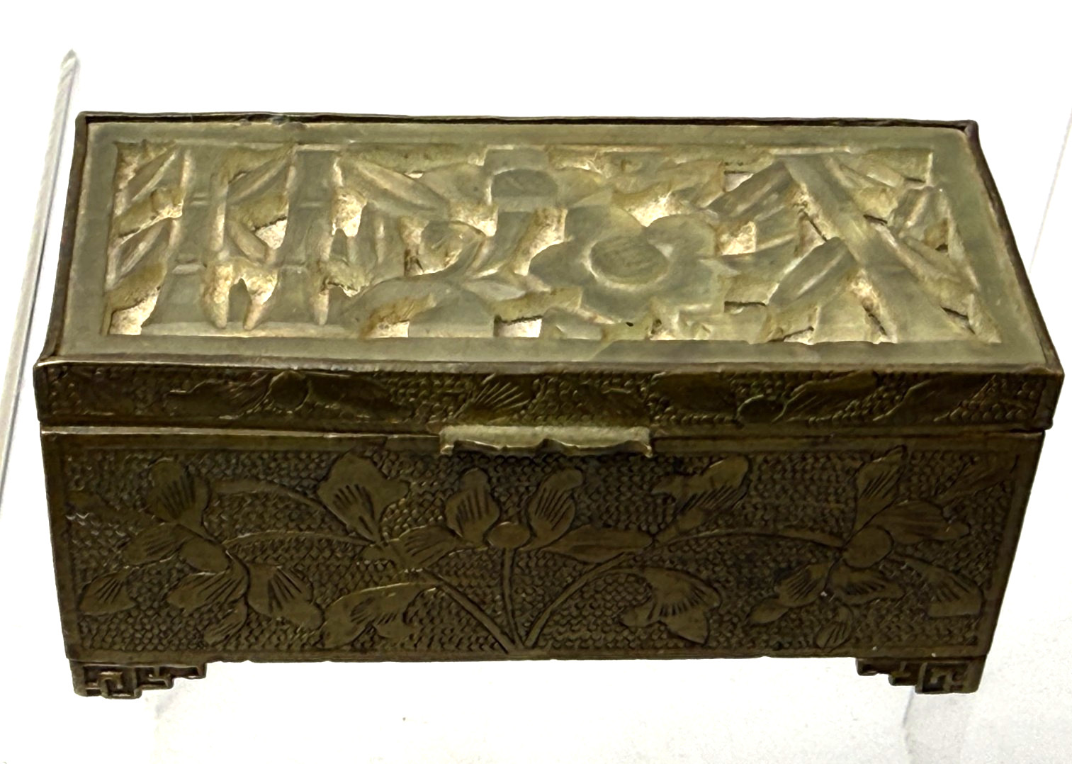 Vintage Chinese Etched Brass and Carved Jade Hinged Box