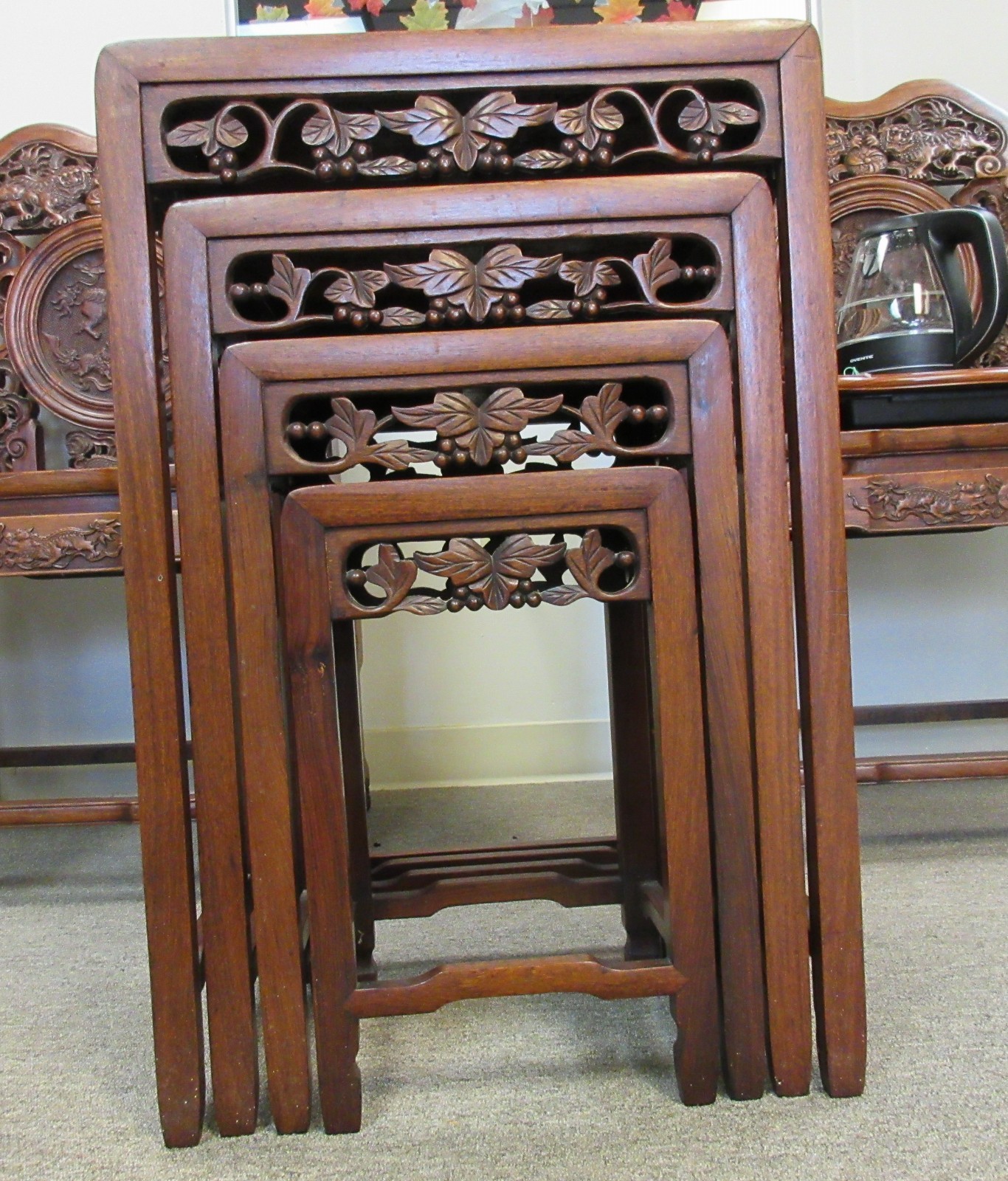 Chinese solid wood carved openwork four-piece flower stand set