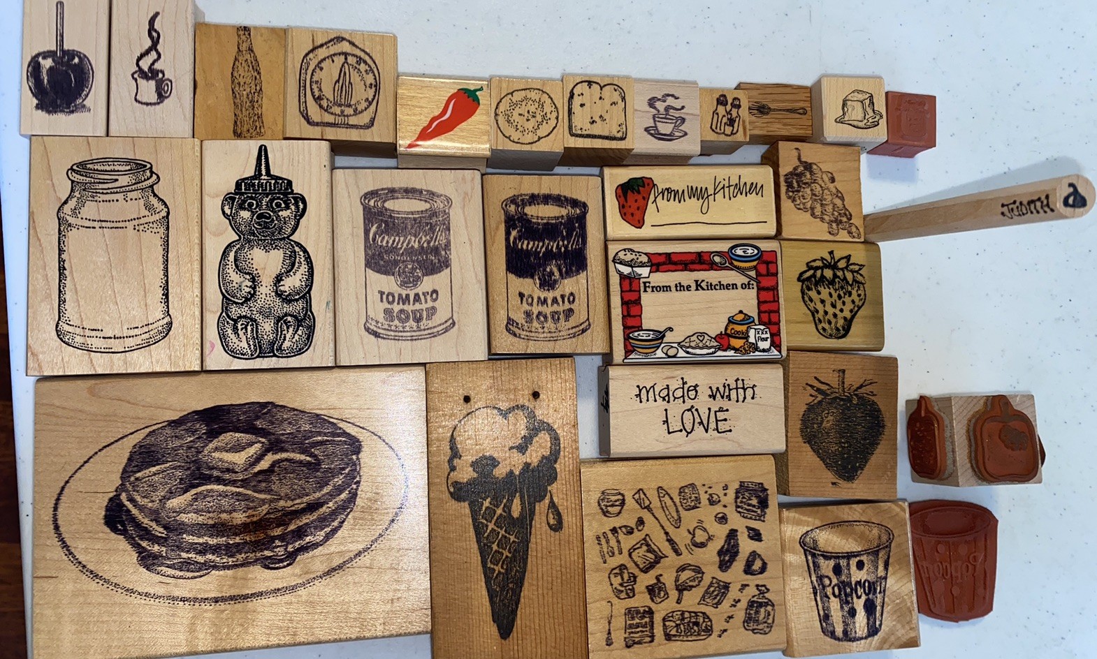 Vtg wood rubber stamps food kitchen ice cream honey strawberry popcorn Lot