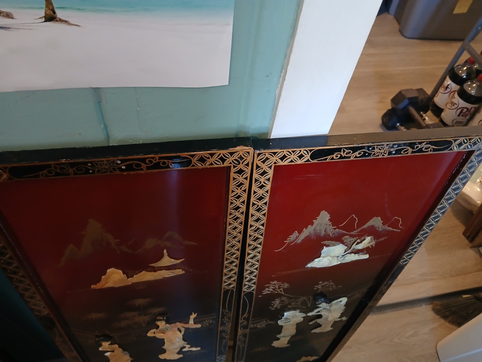 4 Vintage Asian Japanese Mother Pearl Black Lacquer Wall Panels 36″ x 12″