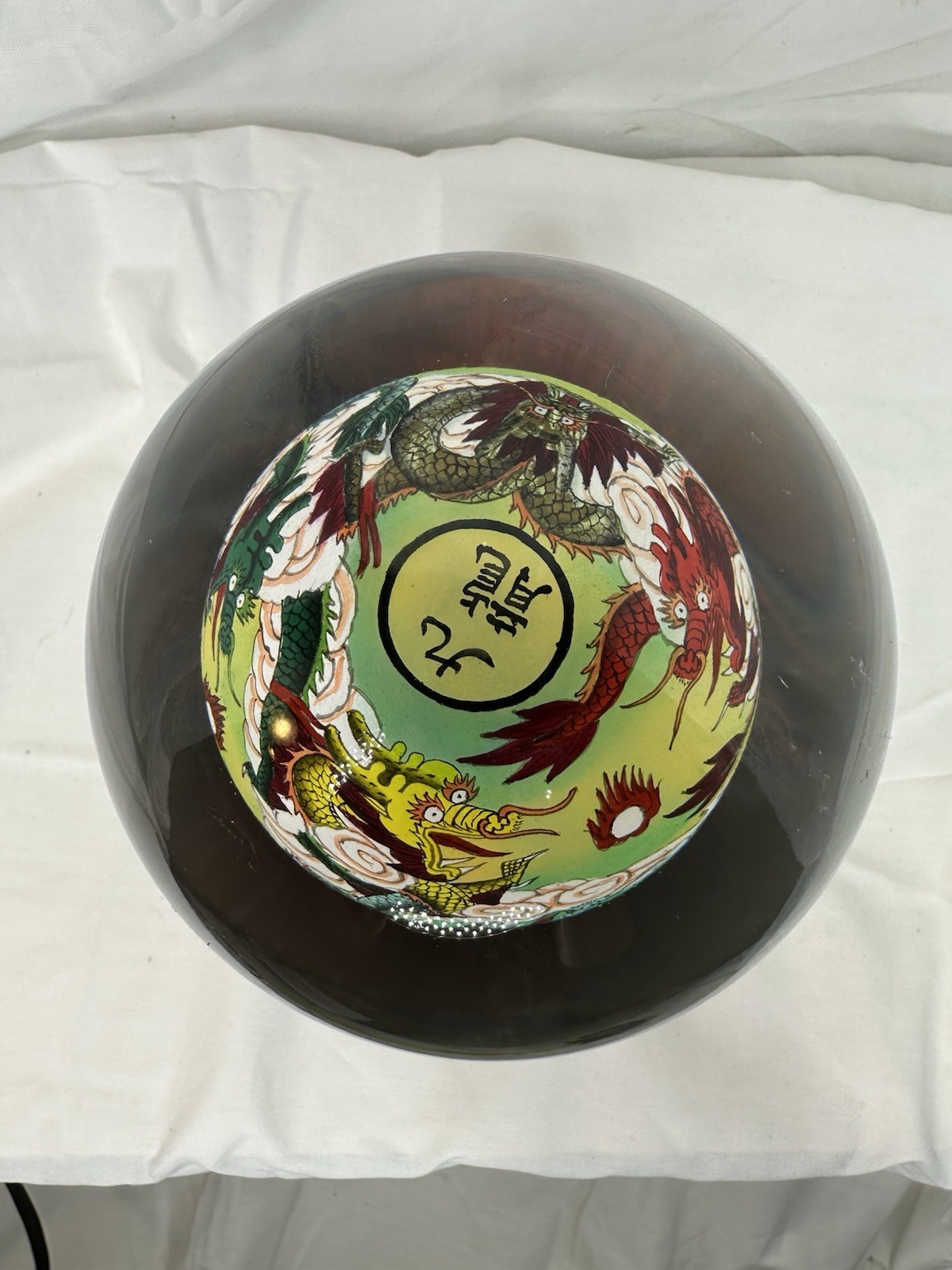 Chinese Reverse Painted Glass Crystal Ball Dragon Sphere Wood Stand Original Box